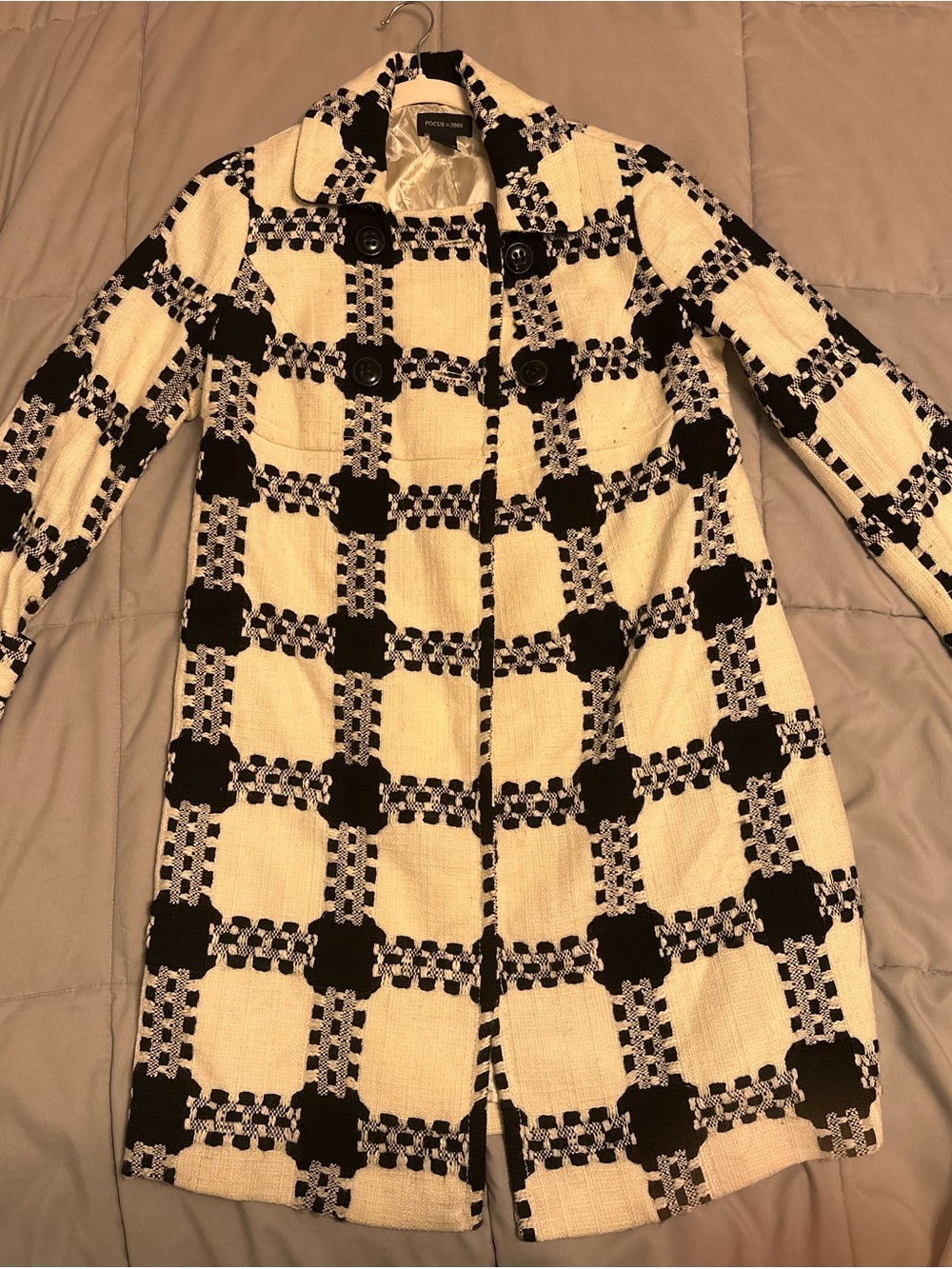 Classic Black & Cream Check Double-Breasted Pea Coat